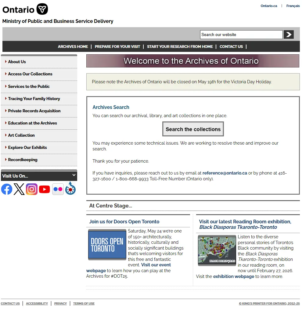 Screenshot of the former Archives of Ontario website with simple text and graphics and layout common to internet webpages in 2009.